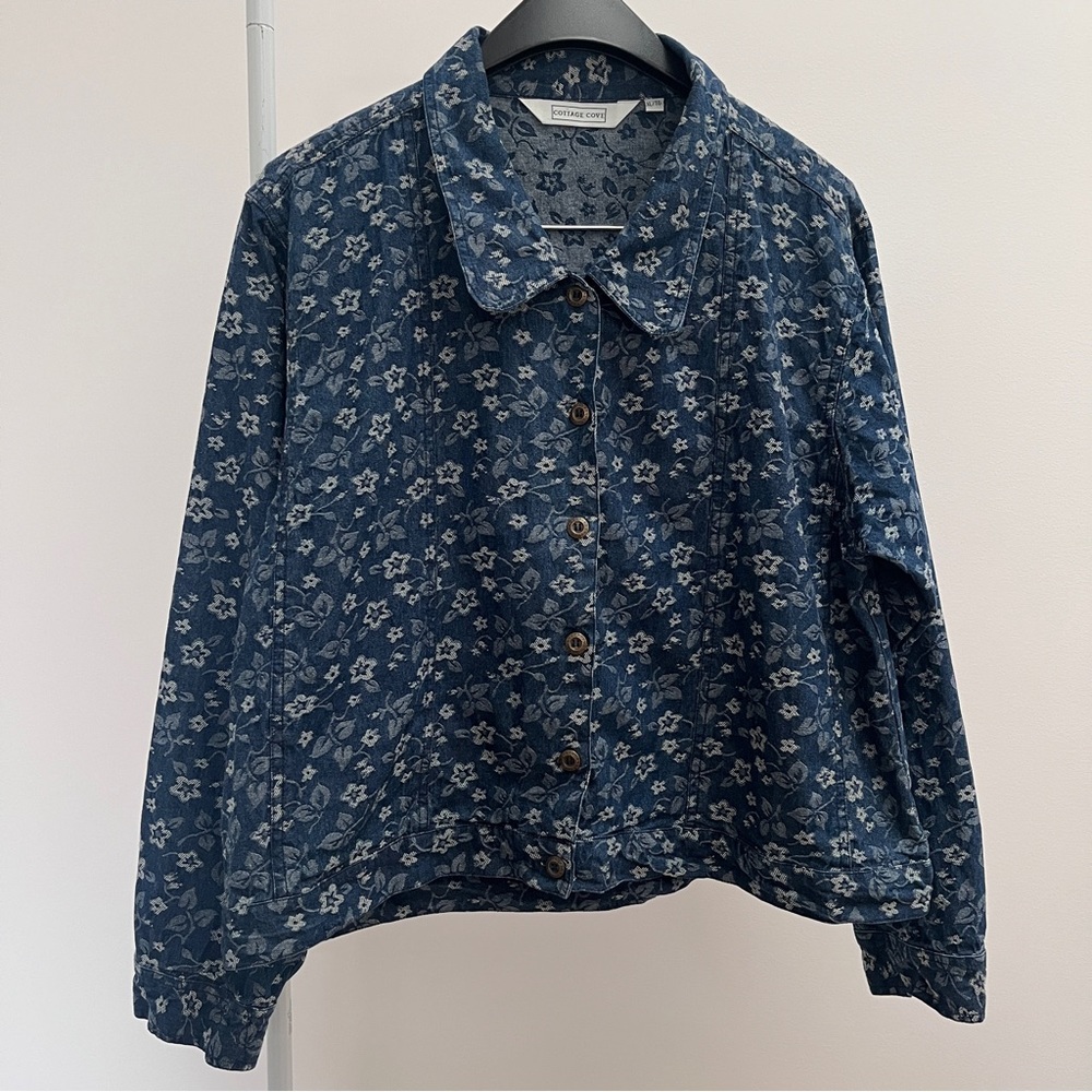 Vintage Cottage Cove floral denim jacket XL blue cottagecore grandmacore shacket - Picture 2 of 8